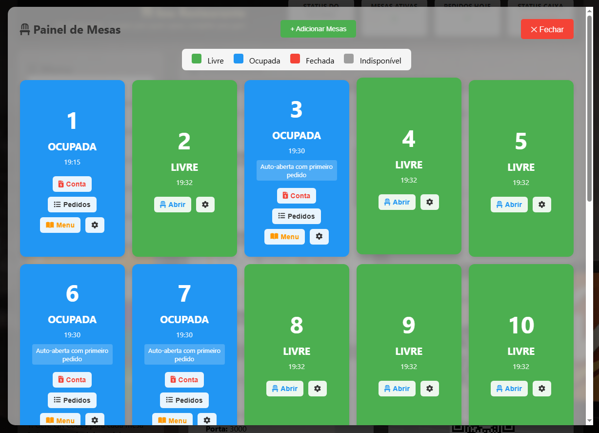 Painel de Mesas - Status visual Livre Verde, Ocupada Azul, Fechada, com botões Conta, Pedidos e Menu