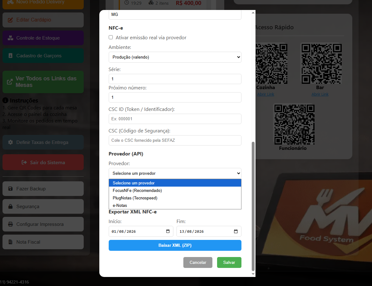 Cadastro NFC-e com FocusNFe, PlugNotas Tecnospeed, e-Notas e exportação XML
