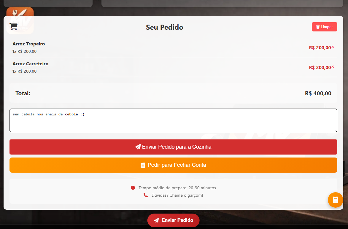Tela Seu Pedido - observações, total e botão enviar para a Cozinha