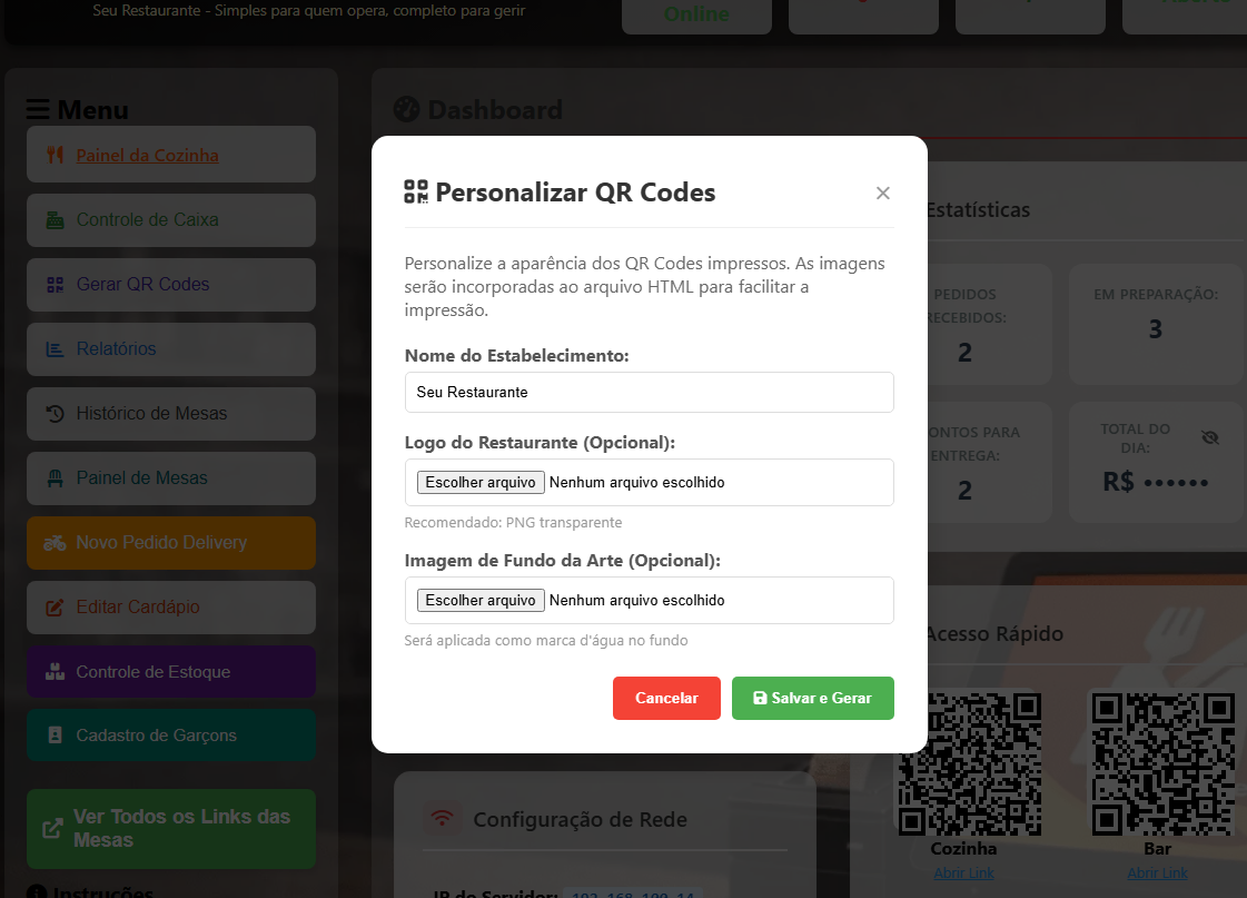 Tela de personalizar QR Codes com logo, fundo e marca d'água
