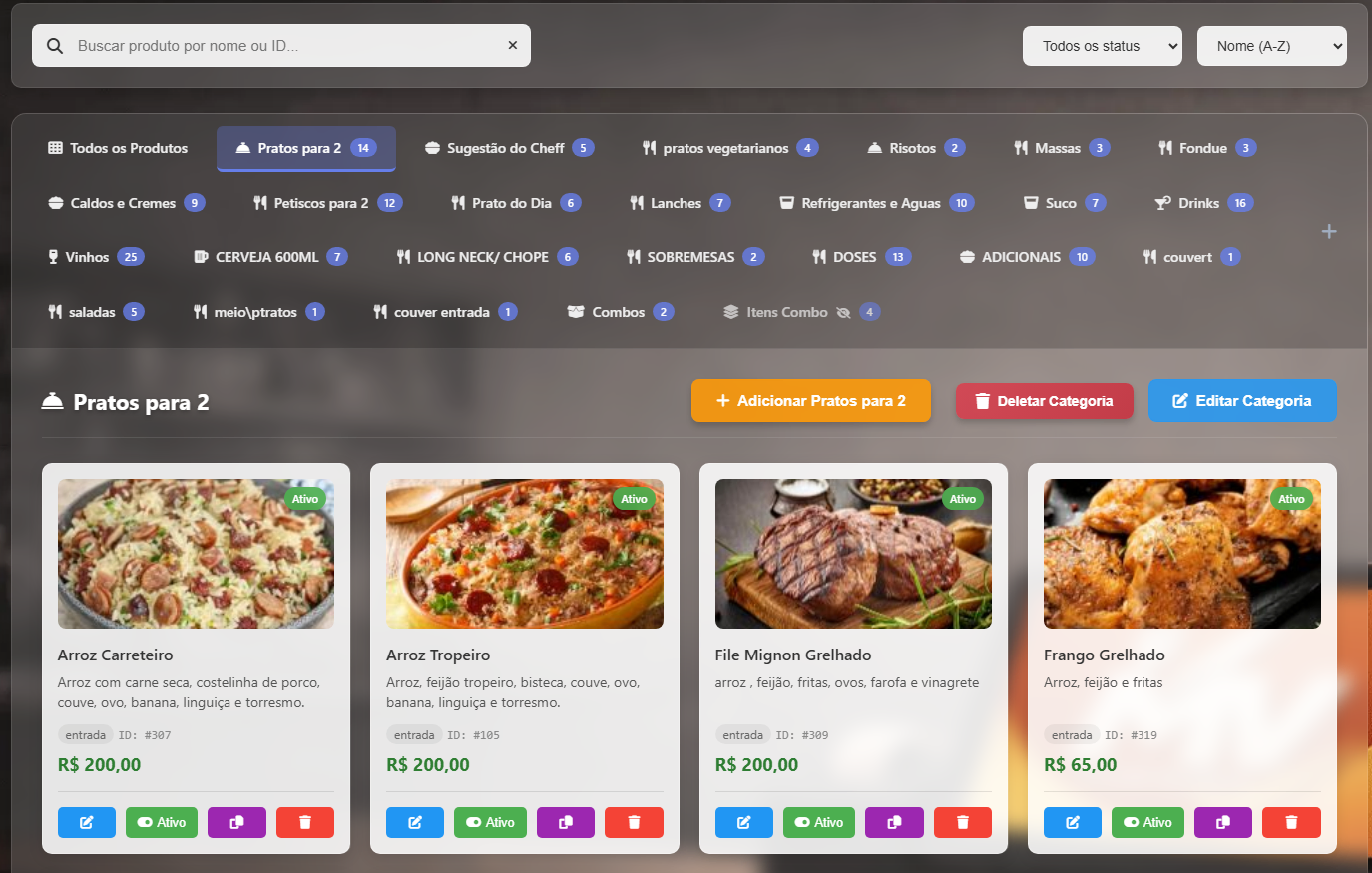 Gestor de Cardápio com categorias, contador, fotos dos pratos e ID dos produtos