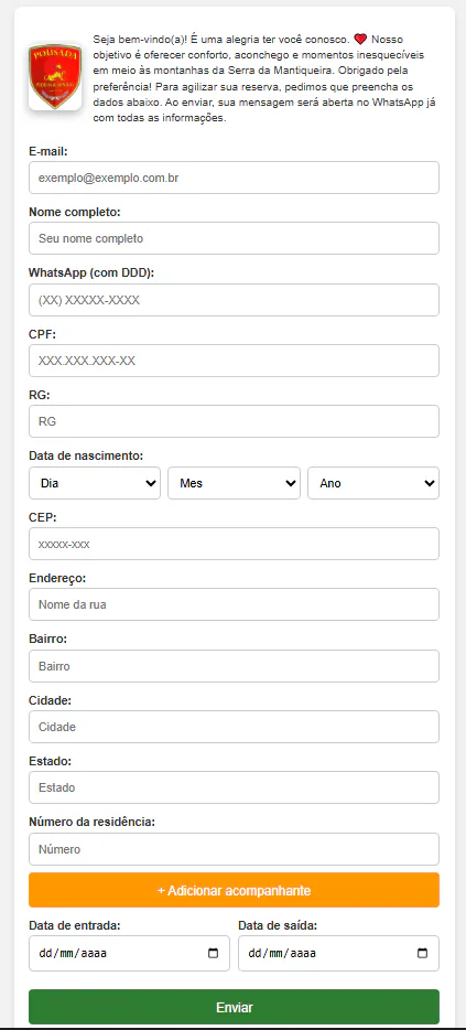 Formulário Personalizado LaliberTech — exemplo de Reserva / Check-in de Pousada